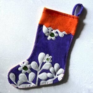 Old Navy 2009 Christmas Stocking Purple Fleece Felt Appliqué Flowers, Bling NWOT